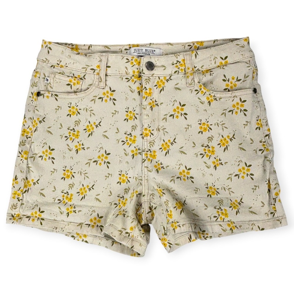Judy Blue Floral Denim Shorts L Cottagecore Prairie Garden Girl Granola Boho